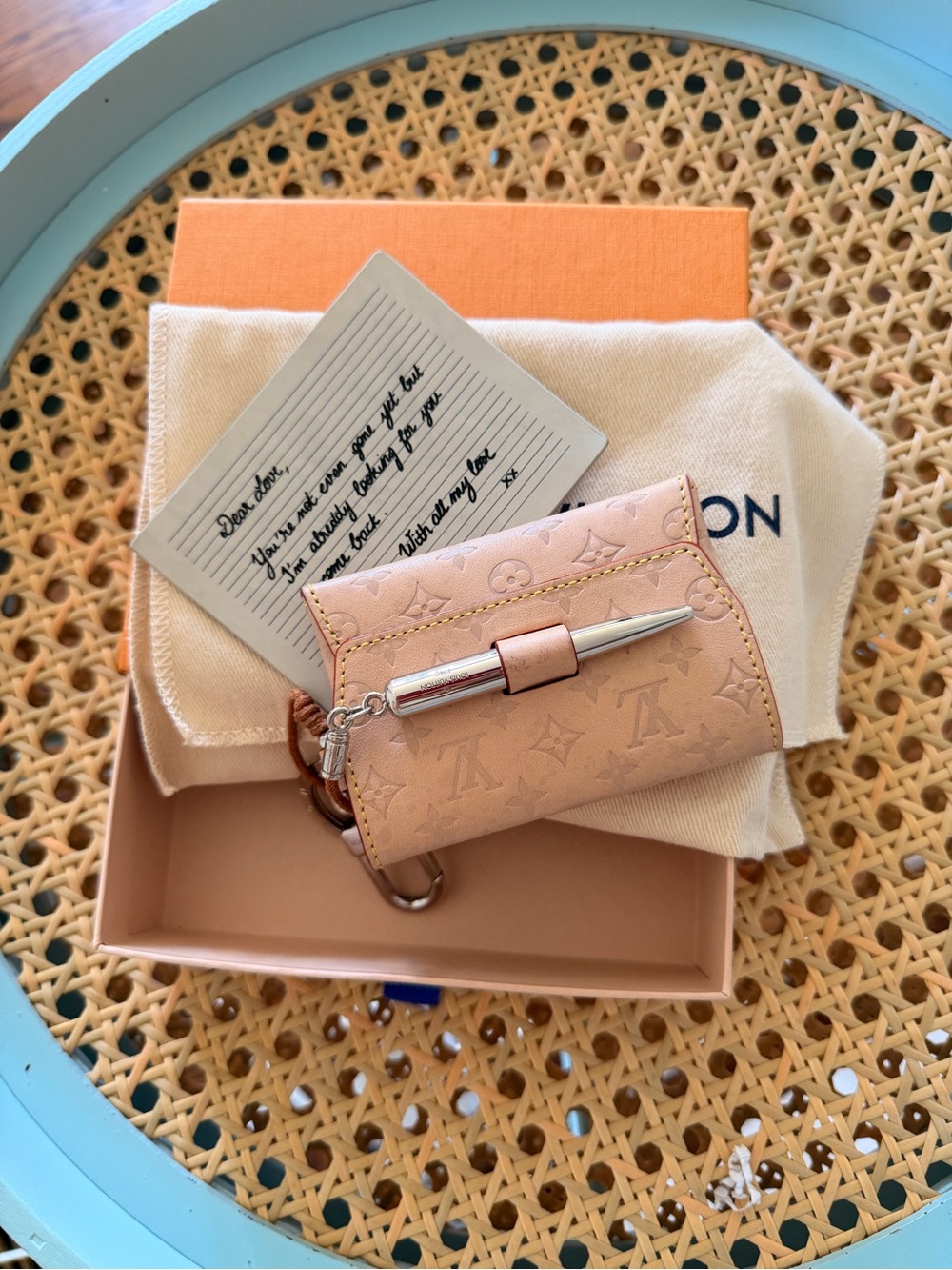 Louis Vuitton Pink Embossed Monogram Key & Card Holder with Silver Pen Charm